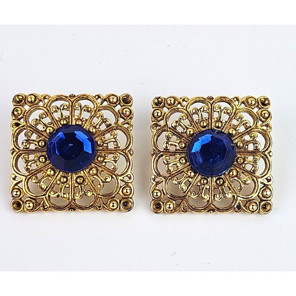 Vintage Gold Tone Square Filigree Earrings Post Blue Acrylic Center 1.25 in